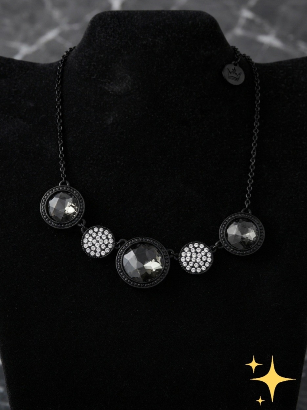 Trifari Black Metal Smoke Crystal & Pavé Rhinestone Necklace